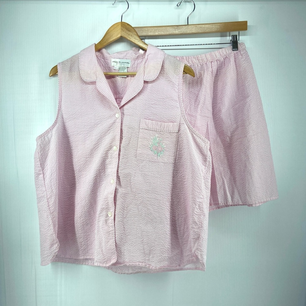 Miss Elaine Pink White Stripe Seersucker 2 Piece Summer Pajama Set Women Plus 2X